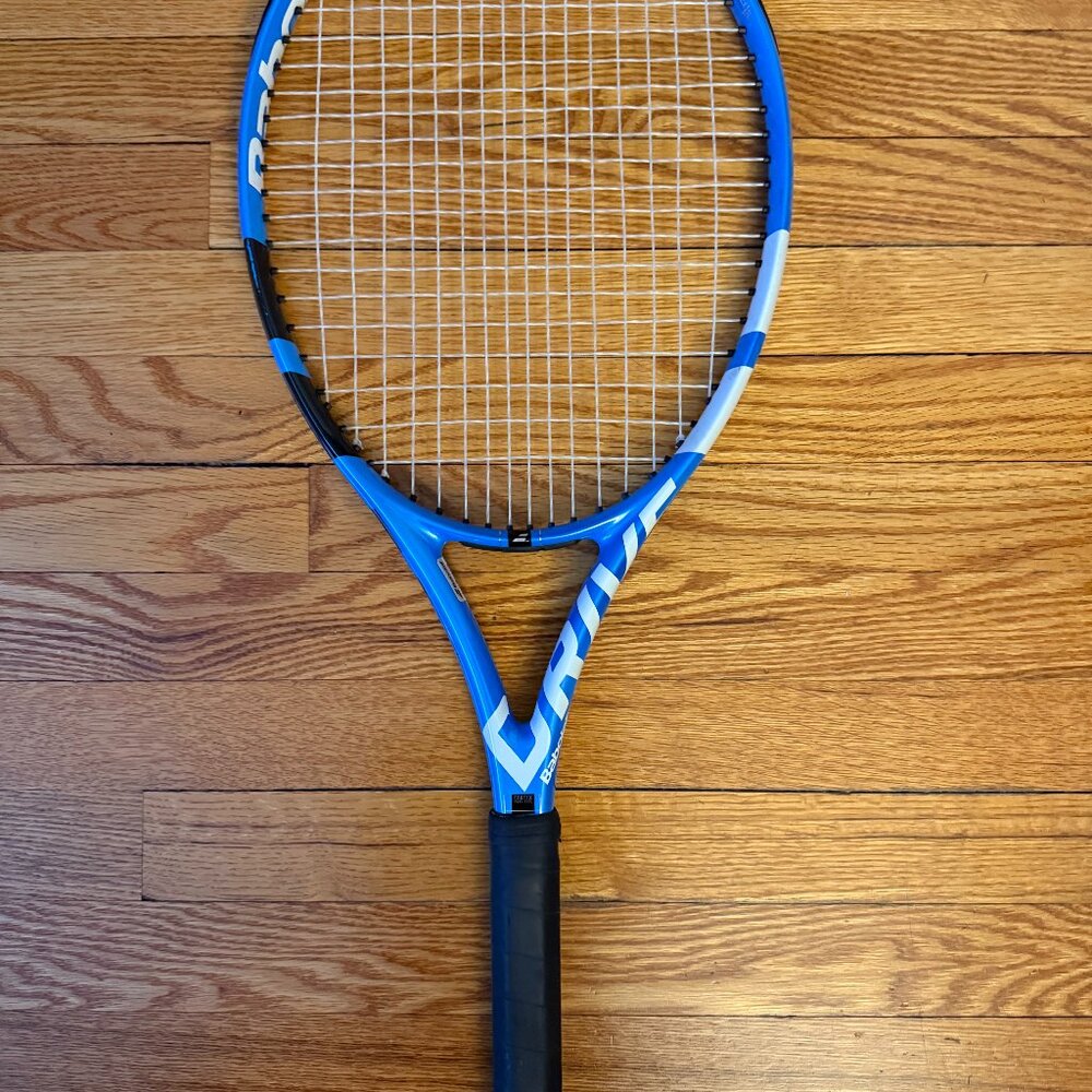 Blu, black and white Babolat tennis racket, size 4 1/4.